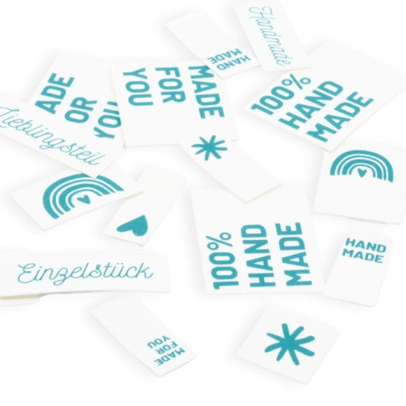 SnapPap Labels / Etiketten "Handmade" Bogen mit 41 Labels (weiss-türkis)