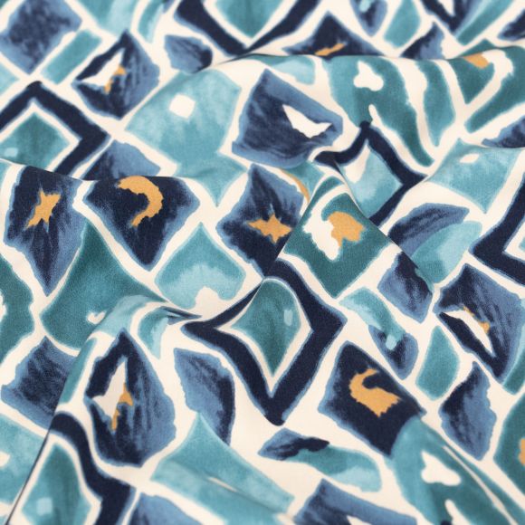 Satin viscose "Ethno Aqua Losange" (offwhite-turquoise/bleu)