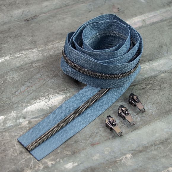 Reissverschluss & Zipper "Metallic Look" im  Set (pastellblau/graphit)