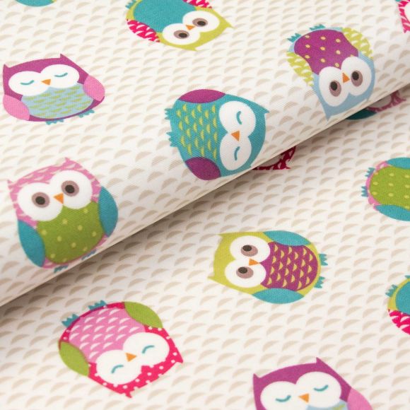 Canevas de coton - enduit "Owls/chouettes" (offwhite-multicolore) de Fryett's Fabrics