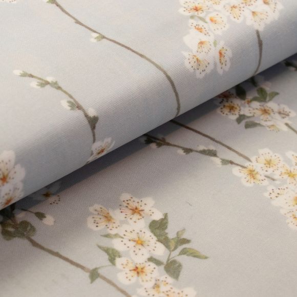 Canvas Baumwolle beschichtet "Almond/Blumen" (hellblau-weiss/dunkeloliv) von Prestigious Textiles