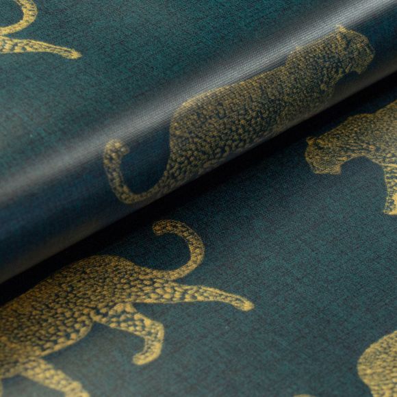 Canvas Baumwolle - beschichtet "Leopard" (petrol-anthrazit/gold) von Fryett’s Fabrics