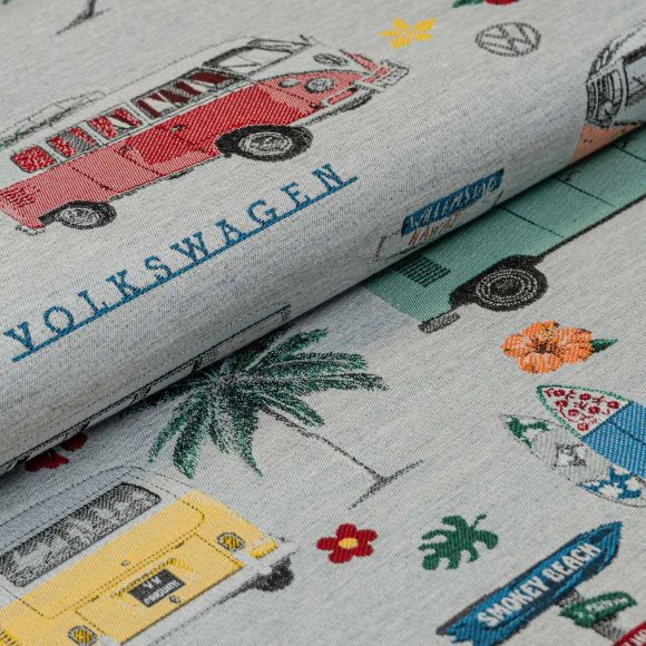 Tissu de décoration - jacquard "Bus VW/Aloha" (gris chiné-multicolore)