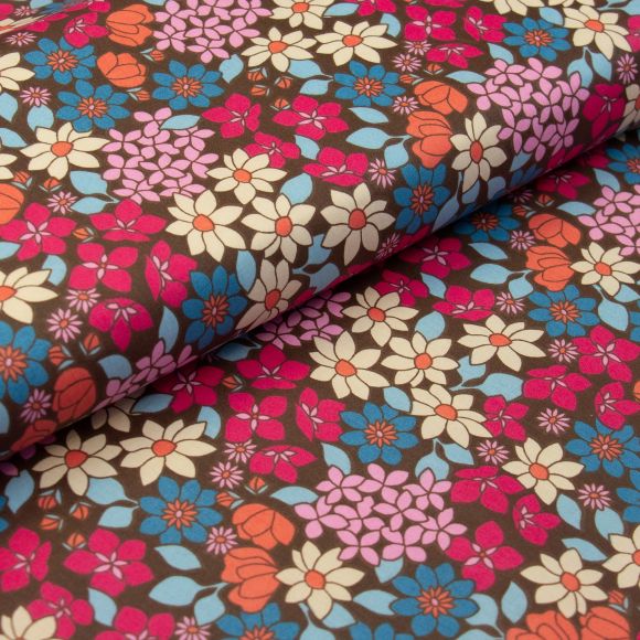 Wachstuch - Baumwolle beschichtet "Retro Blumen" (braun-pink/blau)