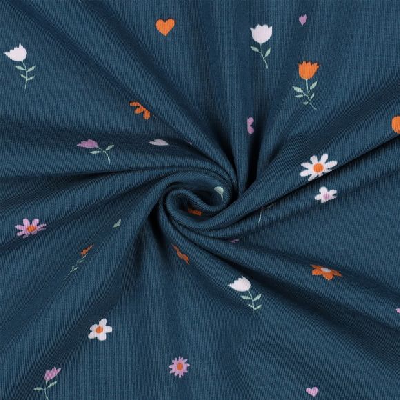 Jersey de coton bio "Fleurs" (bleu denim-orange/rose)