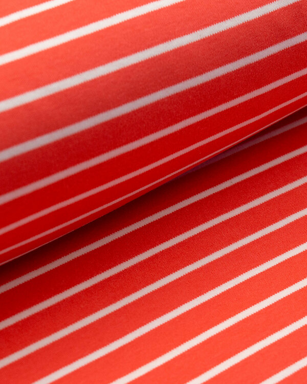 Jersey interlock coton bio "Rayures" (rouge clair-blanc naturel) de C.PAULI