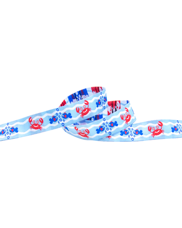 Ruban tissé "Maritime - Poisson/crabe" 20 mm (bleu clair-bleu/rouge/blanc)