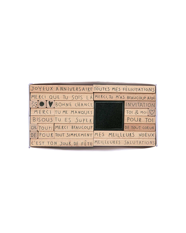 Set de tampons en bois "Textes en français avec tampon encreur" - set de 27 pces de RICO DESIGN