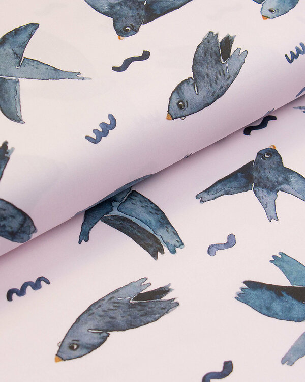 Canvas de coton bio "Oiseaux" (rose tendre-gris bleu) de halfbird