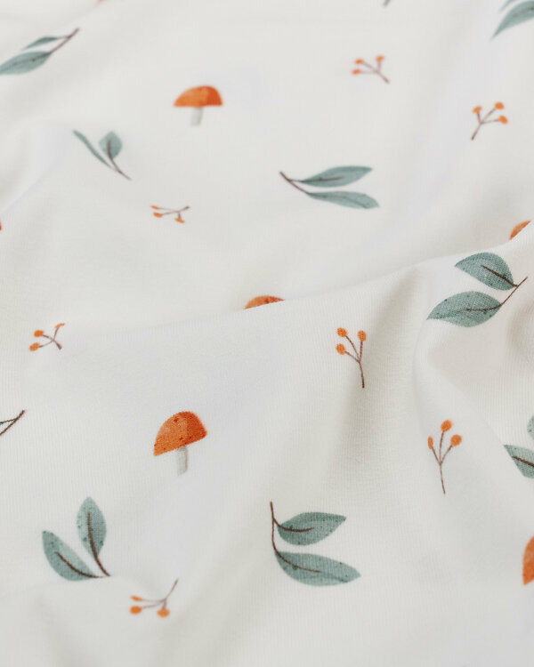 Jersey coton bio "Champignons / Feuilles" (offwhite-vert/orange rouille)