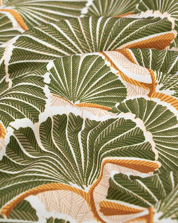 Tissu d’ameublement & décoration – outdoor "Éventail/palmier" (blanc-vert/ocre)