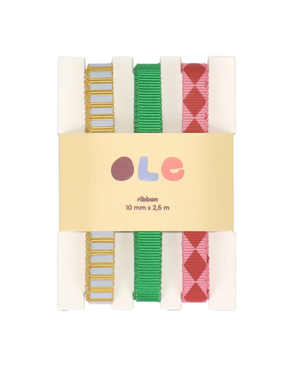 Ruban cadeau "Rayures/Uni/Check" 10 mm, lot de 3 x 2,5 m (rose/olive clair/vert)