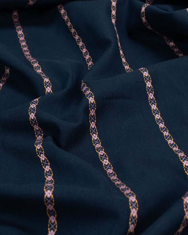 Jacquard coton "Ornament vertical" (bleu foncé-rose clair/orange clair)