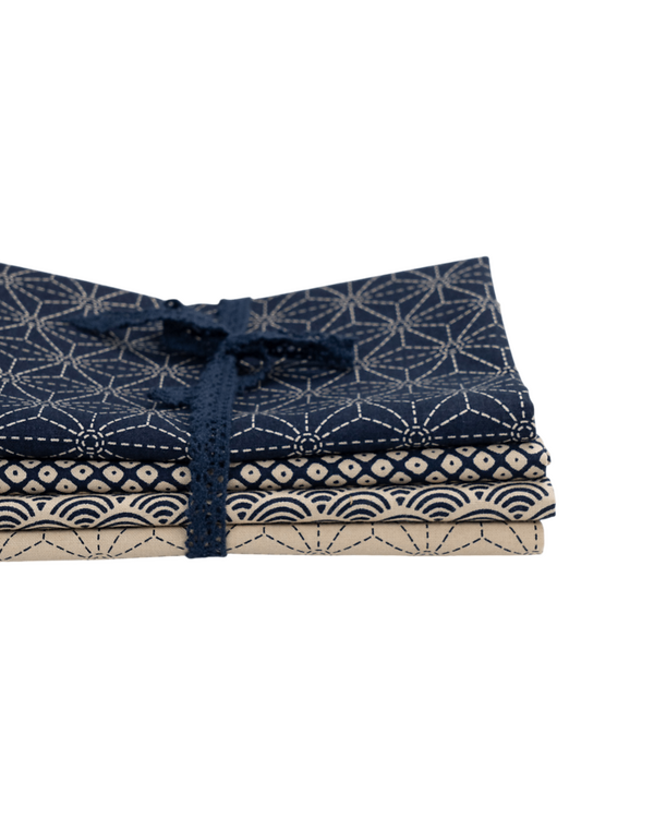 Paquet de tissus - coton "OSAKA" 4 coupons (beige clair/bleu foncé)