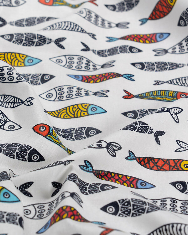 Toile cirée - coton enduit "Poissons" (blanc-bleu/multicolore)