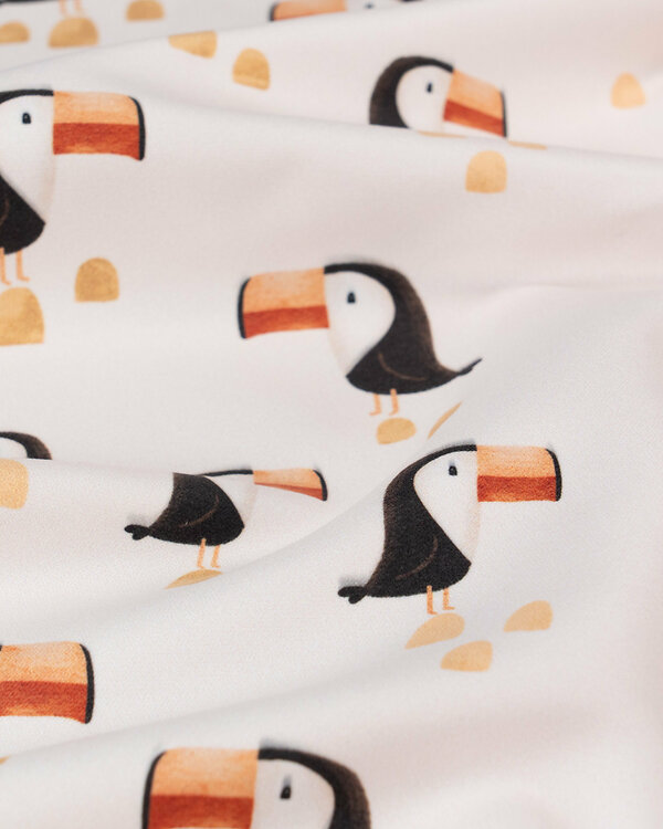 Tissu microfibres "Serviette de bain - Toucan" (ecru-rouge/noir)