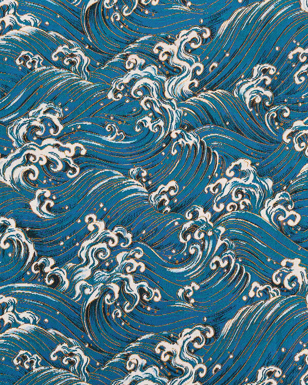 Tissu jacquard mélangé "Vagues" (bleu-blanc/doré)