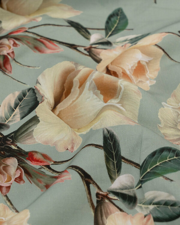 Tencel/lin "Roses" (vert sauge-marron clair/pétrole)