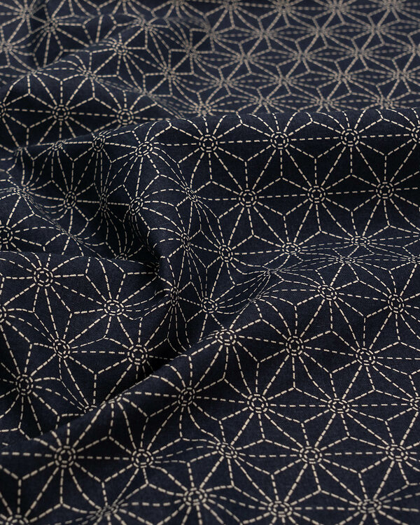Popeline de coton "Asanoha Sashiko" (marine-beige clair)