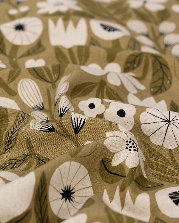 Canevas de coton "Gather by bookhou/Flowers" (olive clair-olive/blanc) de KOKKA