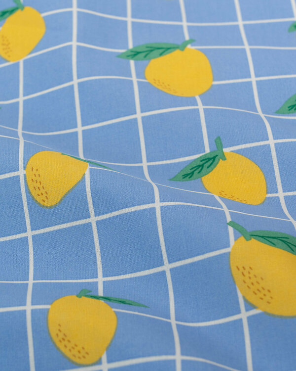 Toile cirée - coton enduit "Citrons / Carreaux" (bleu-jaune/blanc)