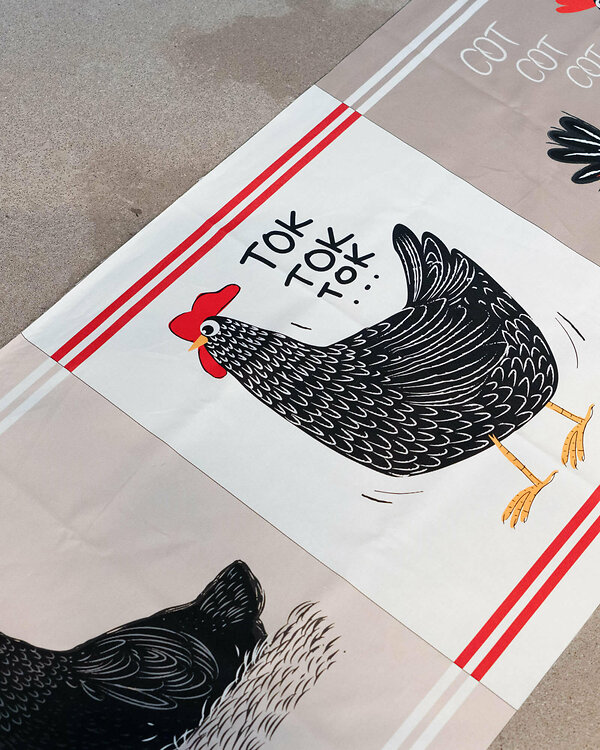 Twill/sergé de coton - panneau "Poules" (beige-blanc/noir)
