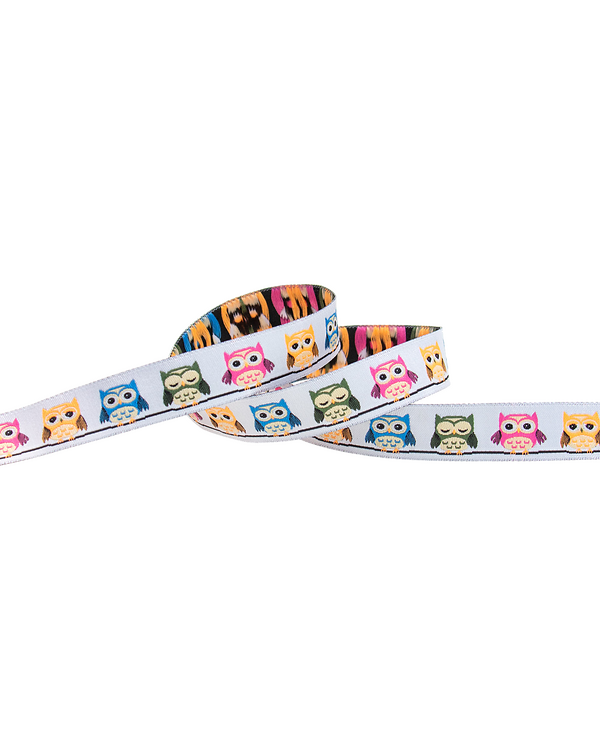 Ruban tissé "Hibou" 15 mm (blanc-multicolore)