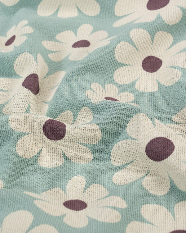 Sweat d'été crêpé / French Terry coton "Fleurs" (vieux menthe-aubergine/crème)