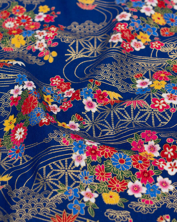 Tissu coton "Japon - Rizière/fleurs" (bleu-multicolore/or)