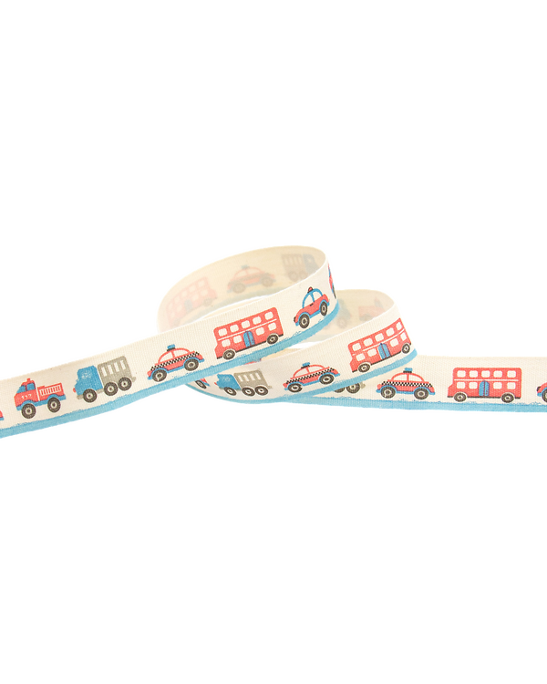 Ruban tissé "Voitures/camions/taxi" 15 mm (écru-rouge/bleu/gris)