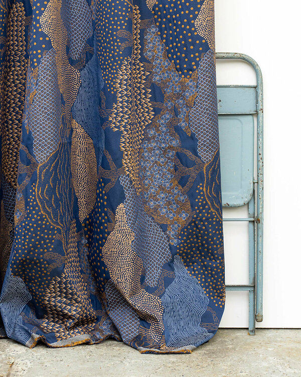 Tissu rideau jacquard "Arbres fantastiques" (bleu/ocre/beige)