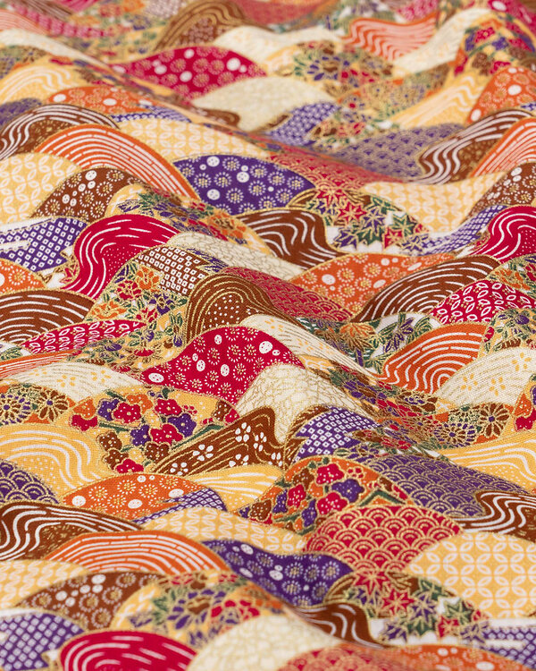Coton "Japon - Paysages" (écru/brun/violet/or)