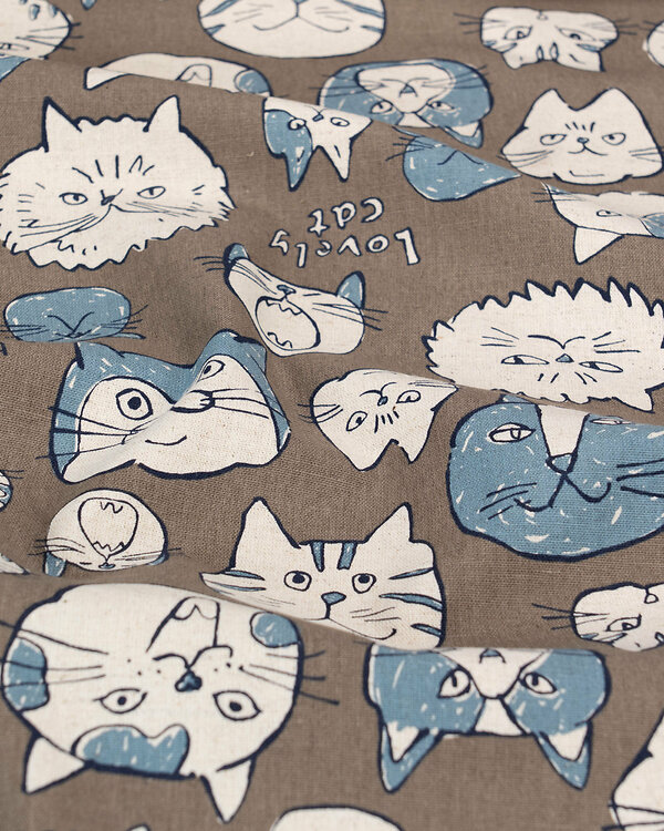 Canevas de coton/lin "Doodle Animals - Cats" (taupe-bleu gris/nature) de KOKKA