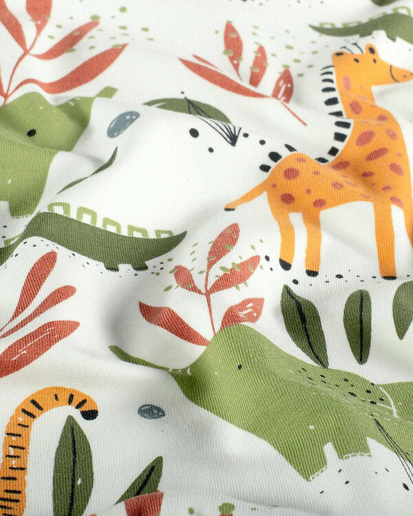 Jersey coton "Animaux safari" (blanc-vert/orange)