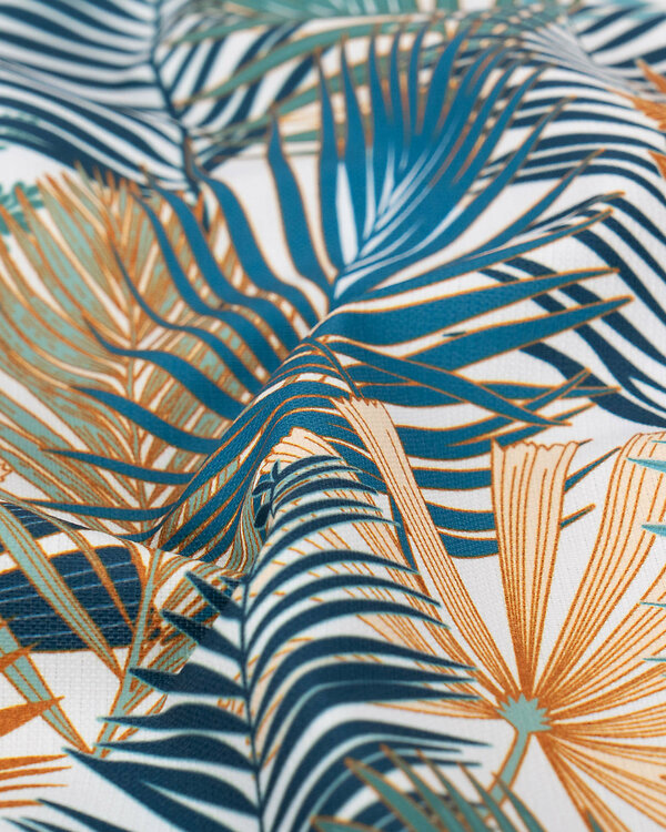 Tissu d’ameublement & extérieur "Palmiers Coco" (offwhite-pétrole/ocré)