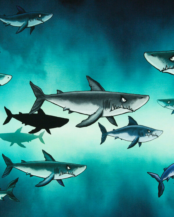 French terry coton - panneau "Shark Tank by Thorsten Berger" (pétrole/turquoise/gris)