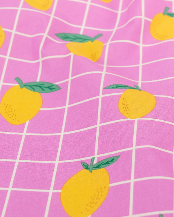 Toile cirée - coton enduit "Citrons / Carreaux" (rose bonbon-jaune/blanc)