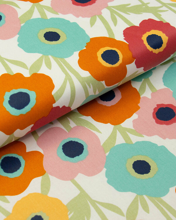 Toile cirée - coton enduit "Teflon ColorPop - Fleurs" (blanc cassé-multicolore)