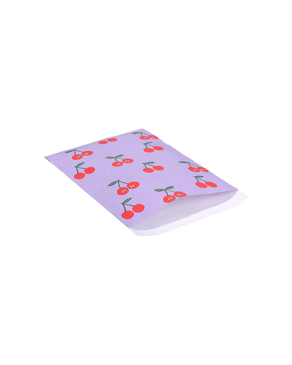Sachet en papier "Cerises" 12 x 19 cm, lot de 10 (violet-rouge/vert)