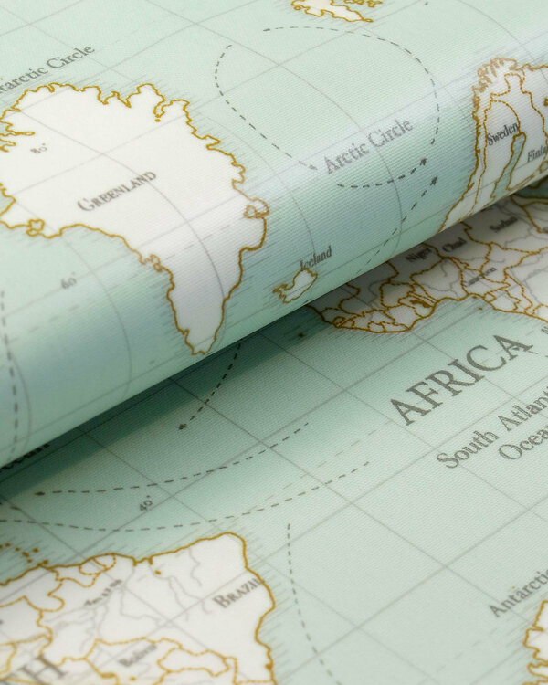 Canevas de coton enduit "Maps/carte du monde" (aqua clair-blanc) de Fryett's Fabrics