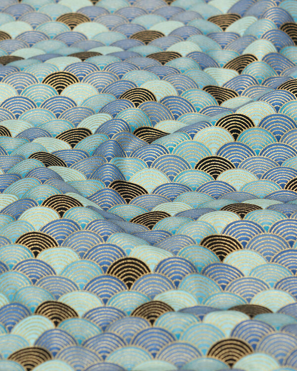 Coton "Japon - Vagues/éventails" (bleu/aqua/or)