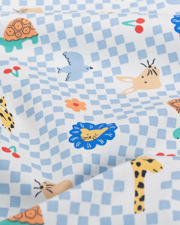 Toile cirée - coton enduit "Animaux / Carreaux" (écru/bleu clair-multicolore)