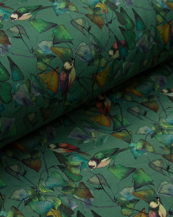 Jersey de coton bio "Ginkgo Birds-feuilles/oiseaux" (vert-multicolore) de C. PAULI