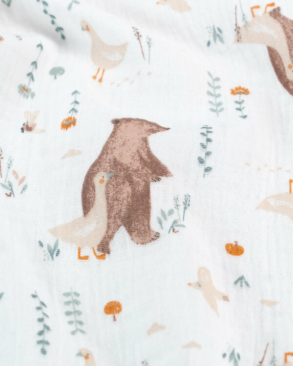 Double gaze coton "Ours / Oie" (offwhite-brun)