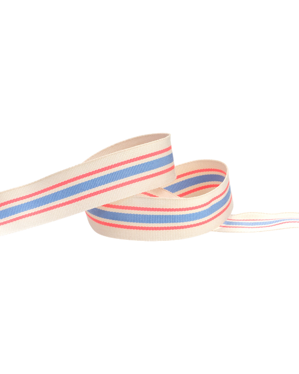 Ruban tissé "Rayures multicolores" 25 mm (nature-rose fluo/bleu clair)