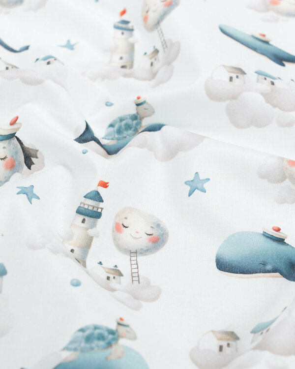 Toile cirée - coton enduit "Monde féerique / Baleine / Phare" (blanc-pétrole/gris)