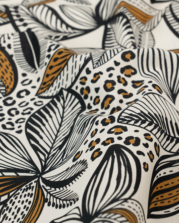 Toile cirée - coton enduit "Fleurs / Feuilles" (blanc-noir/ocre)
