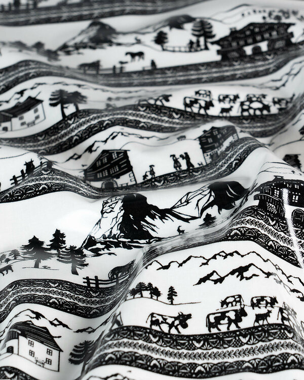 Toile cirée - coton enduit PVC "Silhouettes/Montée à l'alpage" (blanc-noir)