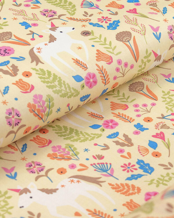 Toile cirée - coton enduit "Licorne" (jaune pastel-bleu/rose)