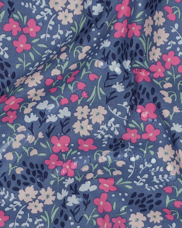 Toile cirée - coton enduit "Petites fleurs" (bleu jean/rose/violet)